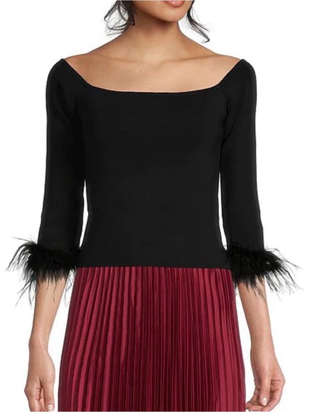 Lucy Paris Off-the-Shoulder Feather Trim Black Blouse, Size S